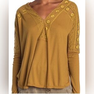 Free People Lola Lace Long-Sleeve Mustard Shirt. Women Size Medium  Boho Casual